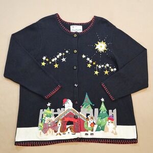 Quacker Factory Christmas Dogs Embellished Cardigan Sweater Womens 2x Holiday